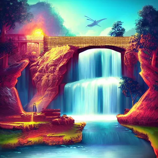 Image similar to ancient structures and waterfalls, retrowave epic art, trending on art station