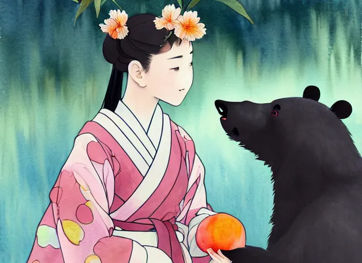 Prompt: water color painting of a girl wearing a kimono giving a peach to a large anthropomorphic asian black bear, featured in artstation, artgerm, octane render, award winning, cinematic, elegant, intricate, 8 k, close up, in the style of studio ghibli and heikala and alphonse mucha and timothy kong and laia lopez and viorie,