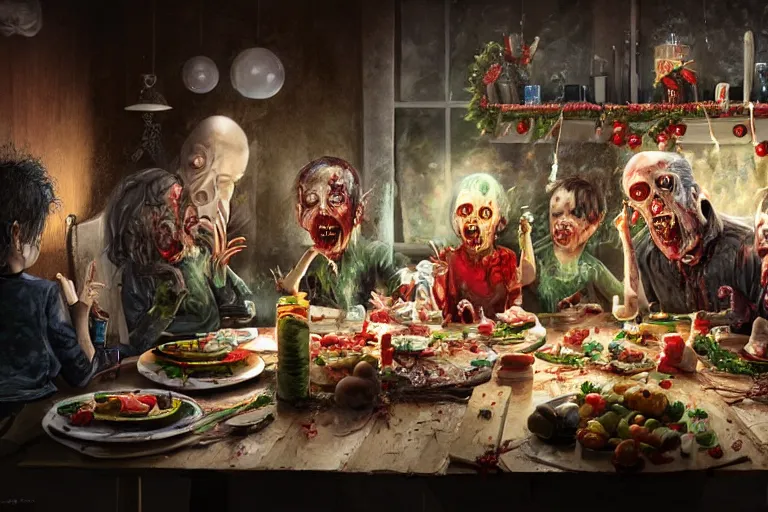 Prompt: a zombie family christmas dinner by ross tan, hyper realistic, ambient lighting, concept art, intricate, hyper detailed, smooth, dynamic volumetric lighting, octane, cinematic