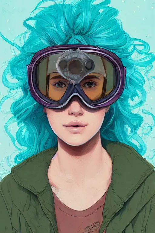 Image similar to portrait painting of a teenage girl with swept back wild aquamarine hair, fashionable, windy, goggles, sharp focus, award - winning, trending on artstation, masterpiece, highly detailed, intricate. art by josan gonzales and moebius and deathburger