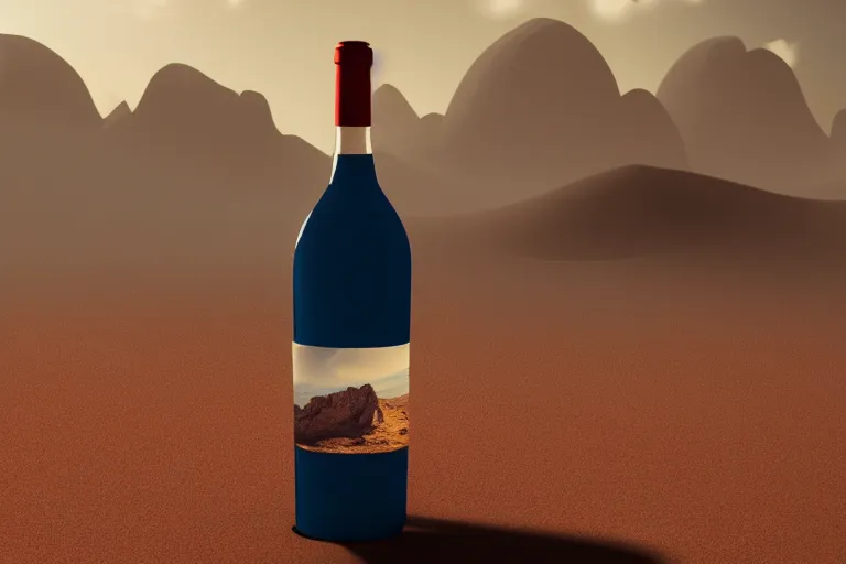 Image similar to wine bottle buried in oasis in the middle of a desert, dramatic, mid day, mountain background, large scale, hyperrealistic, lots of detail, realistic lighting, octane render, by wlop, artgerm, trending on artstation