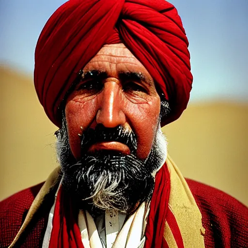 Image similar to portrait of president millard fillmore as afghan man, green eyes and red turban looking intently, photograph by steve mccurry