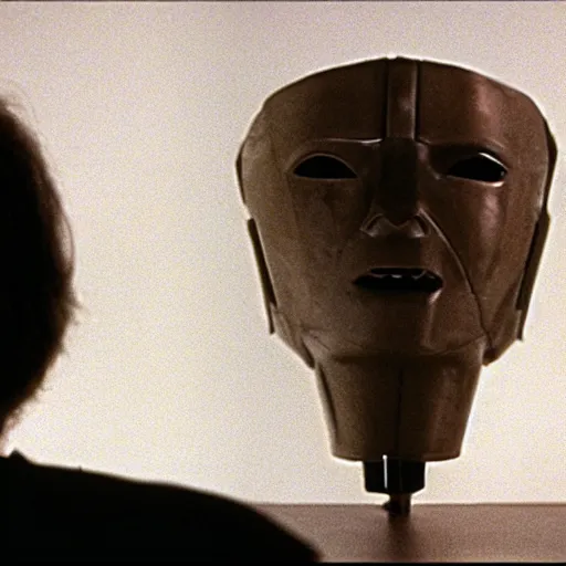 Prompt: possession (1981) movie still, still, robot head and man head,