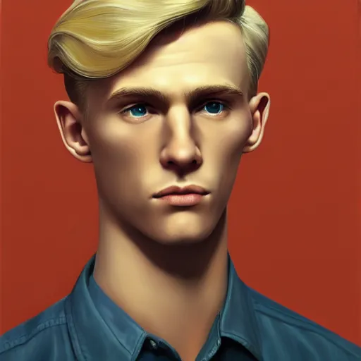 Image similar to A videogame portrait of a blond young Irish man with high cheekbones. Good bone structure. Dressed in 1940s style. Highly detailed, fine Art, high detail, great lighting, 8k resolution, masterpiece, concept art, illustration, clear eyes, painting oil on canvas, octane render, HDR, trending on artstation, 4k, 8k, HD