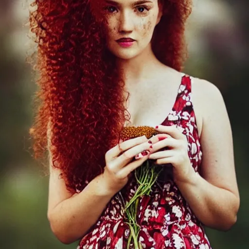Prompt: DSLR photography of a gorgeous red haired woman with big curly hair and freckles, curvy figure wearing dress with flower print, trending on instagram