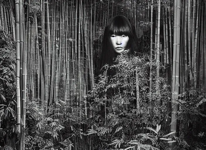 Image similar to a female model with long black hair, emerging from a dense misty forest of fern plants and bamboo wearing camouflage by yohji yamamoto, in the style of daido moriyama, double exposure, camera obscura