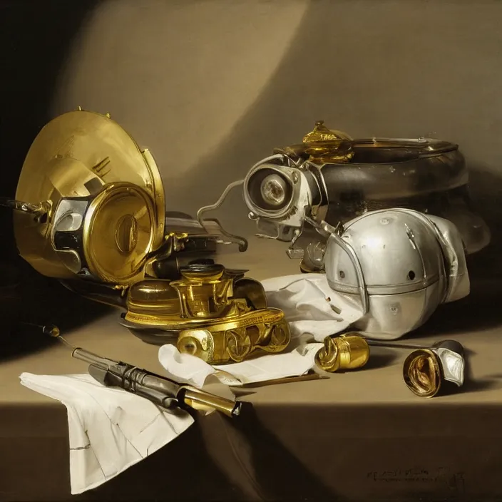 Image similar to still life painting of rx - 7 8 by pieter claesz, oil on canvas, strong lighting, highly detailed, hyper realism, golden hour, god rays, hd, 4 k