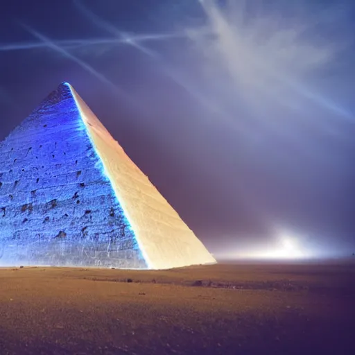 Prompt: big pyramid with blue glow lights and fog in background, cinematic looking, drama, scary