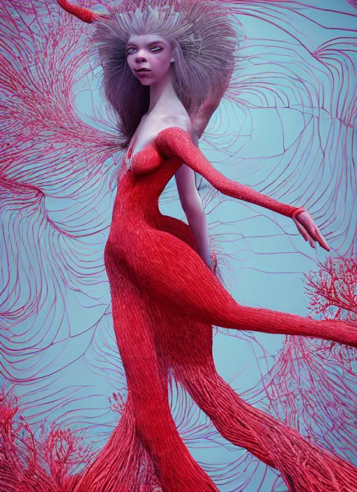 Image similar to hyper detailed 3d render like a Oil painting - very coherent Concrete profile (a beautiful fae princess protective playful expressive acrobatic from dark crystal that looks like Anya Taylor-Joy) seen red carpet photoshoot in UVIVF posing in scaly dress to Eat of the Strangling network of yellowcake aerochrome and milky Fruit and His delicate Hands hold of gossamer polyp blossoms bring iridescent fungal flowers whose spores black the foolish stars by Jacek Yerka, Ilya Kuvshinov, Mariusz Lewandowski, Houdini algorithmic generative render, golen ratio, Abstract brush strokes, Masterpiece, Victor Nizovtsev and James Gilleard, Zdzislaw Beksinski, Tom Whalen, Mark Ryden, Wolfgang Lettl, hints of Yayoi Kasuma and Dr. Seuss, Grant Wood, octane render, 8k
