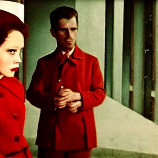 Image similar to still from a masterpiece 1 9 6 0 s french color art film, very beautiful and elegant girl with large eyebrows with an angry expression while talking to a man, moody lighting, viewed from afar, cinematic shot, they're dressed like communists, red palette