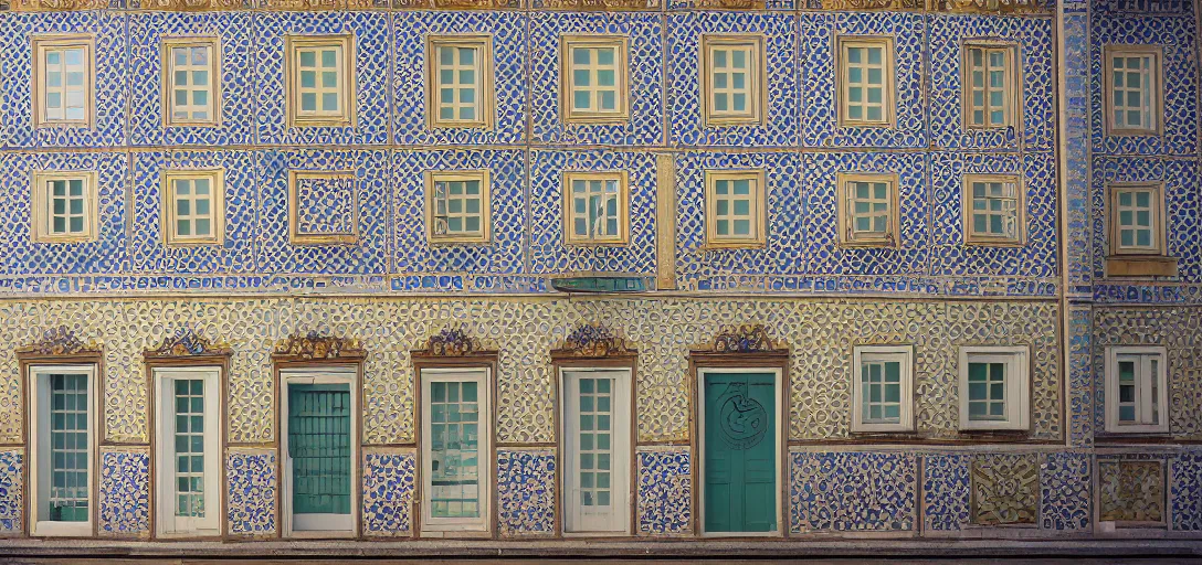 Prompt: ! dream house in porto with portuguese tiles. photographed by wes anderson on fujinon premista 1 9 - 4 5 mm t 2. 9. portra 8 0 0.