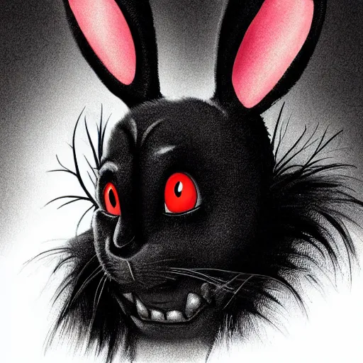 Image similar to A extremely highly detailed majestic hi-res beautiful, highly detailed head and shoulders portrait of a scary terrifying, horrifying, creepy black cartoon rabbit with scary big eyes, earing a shirt laughing, hey buddy, let's be friends, in the art style of Walt Disney