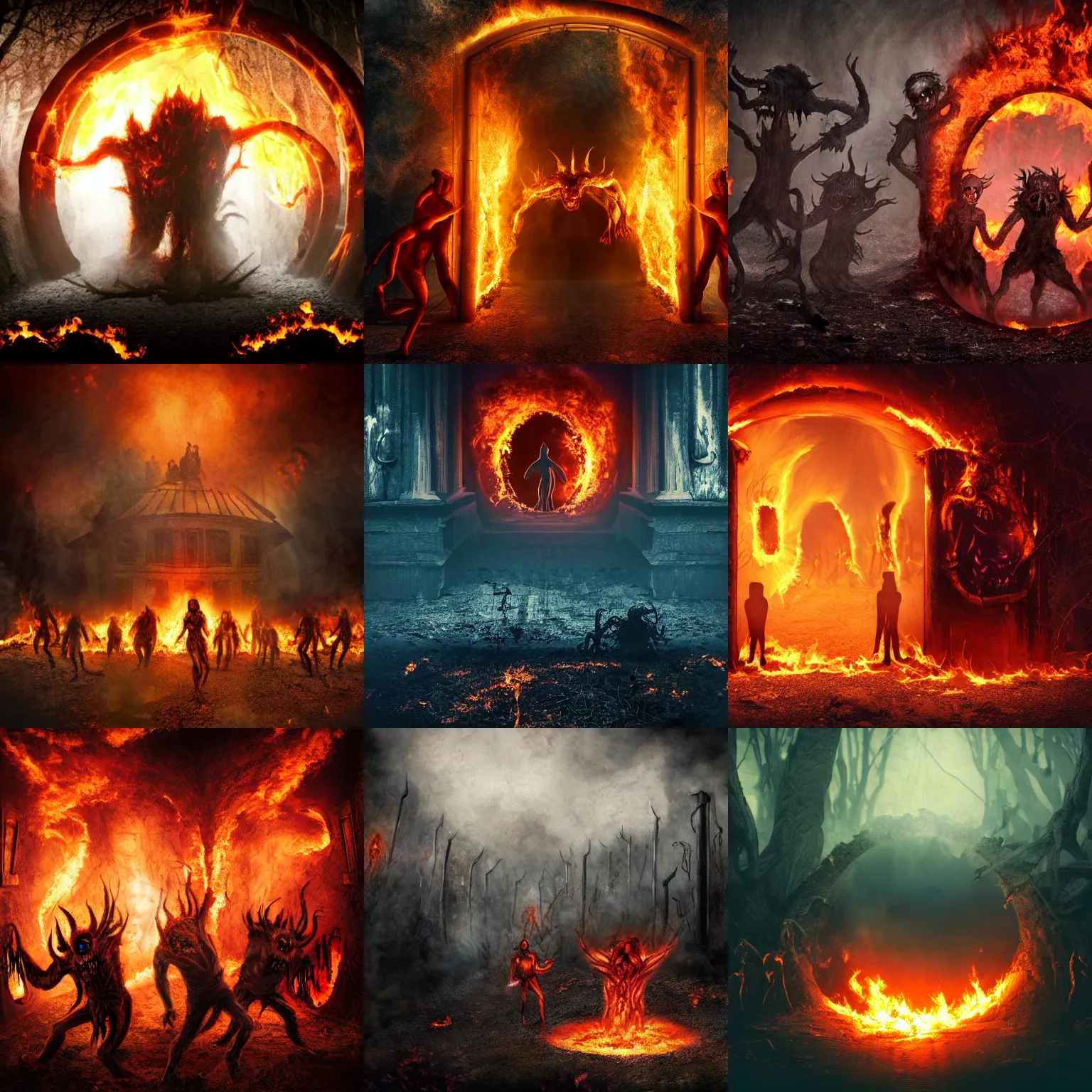 Prompt: photograph of demons demons entering through a burning portal in the ground, portal in the ground, people running scared, dark figurings, horror art, concept art