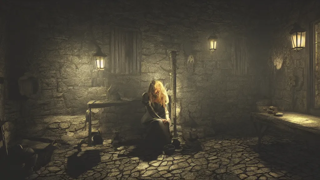 Image similar to A witch in the shadows of a dark decrepit medieval cottage at night, highly detailed interior, hyperrealistic, Lumion render, 8k UHD