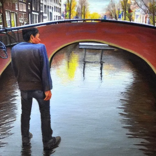 Prompt: a Mexican man on a bridge in Amsterdam like a realist painting