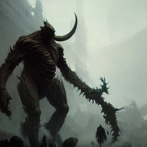 Image similar to giant humanoid monster, sharp focus, illustration, highly detailed, digital painting, concept art, matte, art by ruan jia and wlop and greg rutkowski, masterpiece