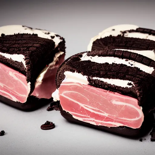 Prompt: oreo Ice cream sandwich with thin sliced ham in the middle, 4K photo, studio lighting