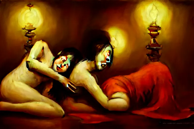 Prompt: happy Asian Girls intertwined, embraced in a hallucinatory surreal dream, soft lighting, dark mood, John Singer Sargant, by Bastien Lecouffe-Deharme and Edward Hopper, expressionistic technique of Adrian Ghenie, 4k, 8k, HD