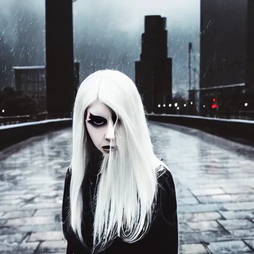 Prompt: white haired girl, dark eye liner, scar, future, dystopian, rain, city scape