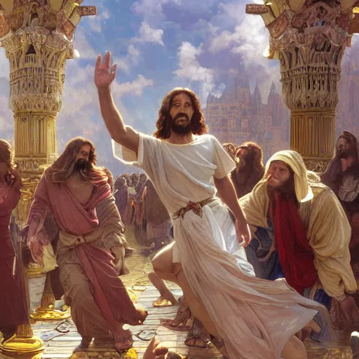 Prompt: a detailed picture of jesus chasing away the merchants in the temple, thrown tables, scattered gold coins, fleeing merchants, fantasy, intricate, elegant, highly detailed, digital painting, artstation, matte, sharp focus, illustration, vaporwave style art by john collier and albert aublet and krenz cushart and artem demura and alphonse mucha