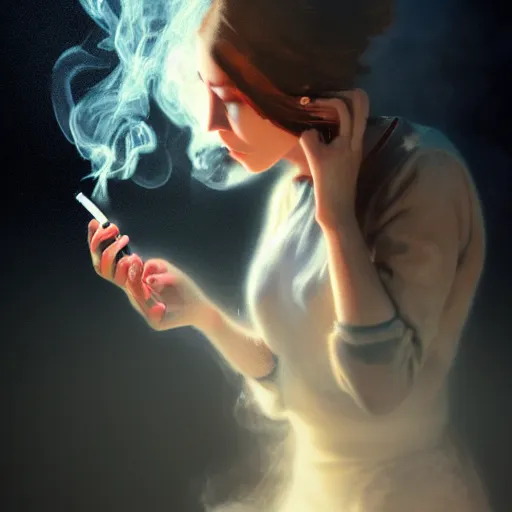 Prompt: girl smoking a cigarette, white smoke, dramatic lighting, chromatic aberration, white smoke by Daniel Gerhartz, trending on ArtStation