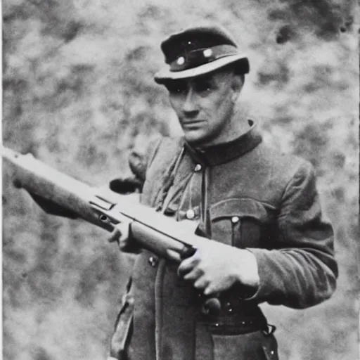 Image similar to old wartime photograph of shaggy from scooby - doo holding a lewis gun, 1 9 1 7