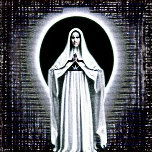 Image similar to vhs static overlay of marian apparition, vhs, 1 9 9 0, highly realistic, highly detailed, vhs noise static, black and white, vhs glitch