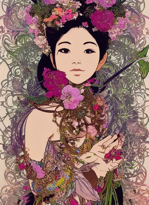 Prompt: !!! very coherent!!! photograph, beautiful floralpunk balinese cyborg portrait girl female photography, detailed patterns art of bali traditional dress, flower pop art, floral splash painting, art by ashley wood, alphonse mucha, makoto shinkai, geof darrow, dark shadow