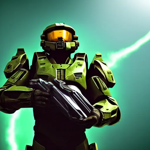 Image similar to master chief holding a can of beer, cinematic lighting, photorealistic, happy feeling,