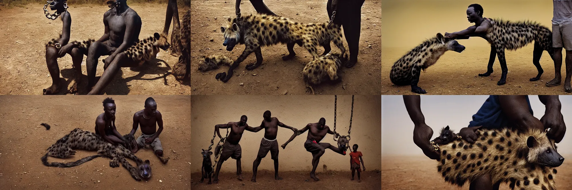 Prompt: the antropomorphic hyena holding a human by a chain, photography by pieter hugo