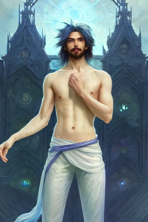 Prompt: fullbody portrait of a male fit hero with strange hairs, soft smile, final fantasy, league of legends champion, strong iridescent light, by chengwei pan and sakimichan and greg rutkowski and alphonse mucha, gradient white to gold, in front of a magical building background, highly detailed portrait, digital painting, smooth, focus illustration