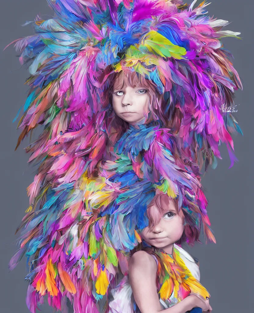 Prompt: little girl with eccentric hair wearing a dress made of colorful feathers, anatomically perfect, concept art, smooth