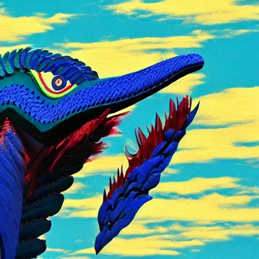 Image similar to giant blue quetzalcoatl melting up into the sky to form blue clouds