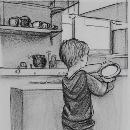 Image similar to pencil sketch of a boy making espresso with a westie in the quiet morning sunlight