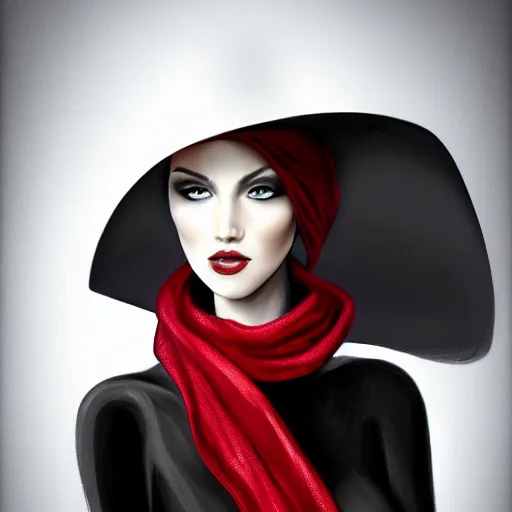 Image similar to beautiful woman in a black dress, full length photo, wearing a white hat and a red scarf, head bowed slightly, looking mischievously and mysteriously at the camera, wavy blond hair, knees upturned, very beautiful woman, 4k highly detailed, digital painting, artstation, concept art, matte, sharp focus, illustration, art by Sandra Pelser and Joshy Sly