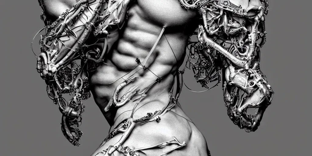 Image similar to hyper realistic photography of a stunningly beautiful cyborg male, plated arm, intimate, chest, holding close, ribbons, in the style of beth cavener, jin kagetsu,, and wlop, highly detailed, intricate filigree, symmetry, masterpiece, award winning, sharp focus, concept art, highkey lighting, ambient lighting, octane render, 8 k, artstation