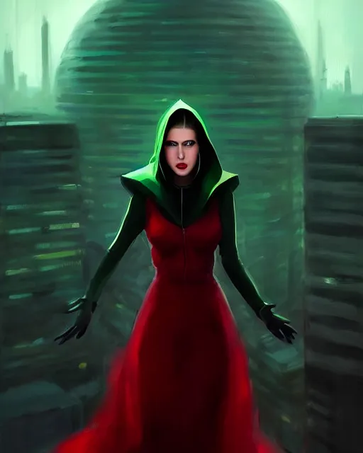 Prompt: Mandy Jurgens art, Irina French art, cinematics lighting, beautiful Anna Kendrick supervillain, green dress with a black hood, angry, symmetrical face, Symmetrical eyes, full body, flying in the air over city, night time, red mood in background