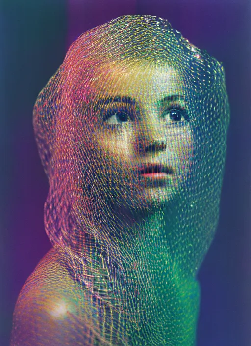 Prompt: realistic photo of a a blurred face of a girl, covered in plastic iridescent vines 1 9 6 0, life magazine photo, natural colors, metropolitan museum, kodak, 8 k, very detailed, high resolution, product photo,