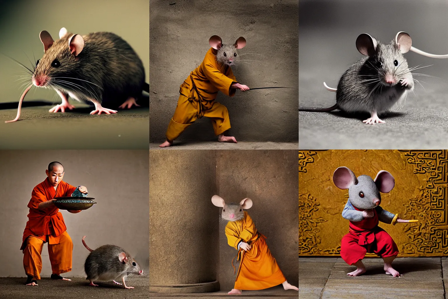 Prompt: National Geographic style photograph of A mouse dressed as a Shaolin Monk in ancient China, photoreal