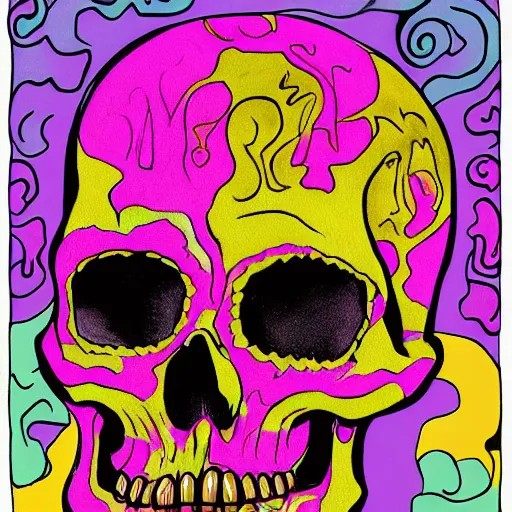 Image similar to colorful illustration of skull, by kezie demessance and junji ito