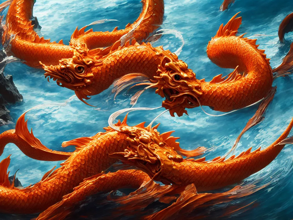 Image similar to intertwined koi dragon fish, water torrent background, jesper ejsing, james jean, justin gerard, tomasz alen kopera, cgsociety, fenghua zhong, makoto shinkai, octane render, highly detailed, rim light, cinematic lighting, hyper realism, high detail, intricate, 4 k, masterpiece