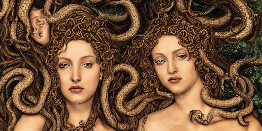 Image similar to realistic portrait of beautiful medusa with her snakes, golden, delicate, facing camera, hyper realism, 1 4 5 0, ink, ultra realistic, 8 k