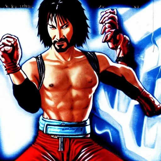 Image similar to portrait of keanu in double dragon video game splash screen