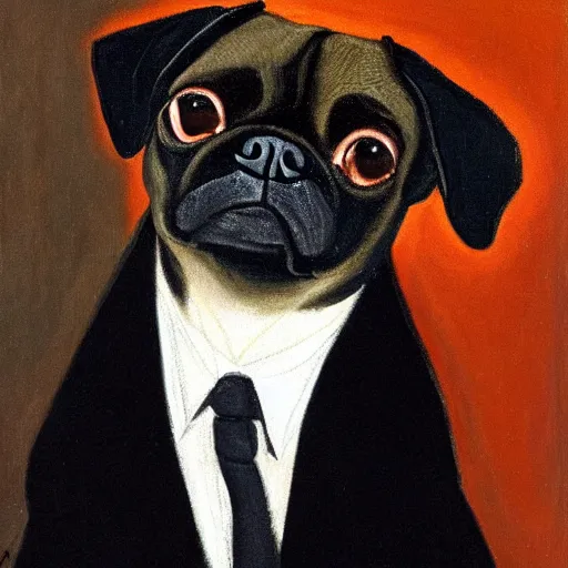 Prompt: a portrait of black pugalier dog wearing suit and tie, by francis bacon