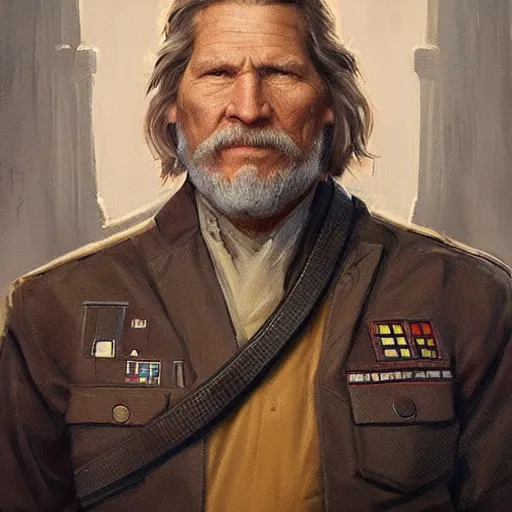 Image similar to portrait of a man by greg rutkowski, he looks like jeff bridges, wearing the military uniform of the corellian confederation, star wars expanded universe, he is about 5 0 years old, highly detailed portrait, digital painting, artstation, concept art, smooth, sharp foccus ilustration, artstation hq