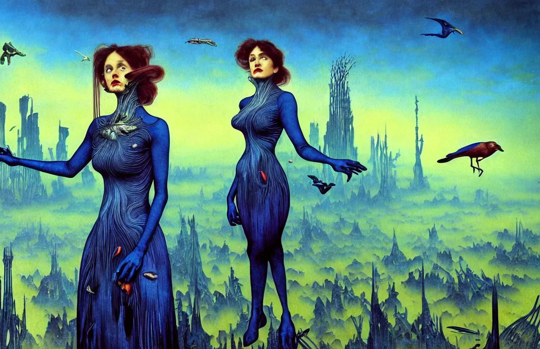 Prompt: realistic detailed portrait movie shot of a birdgirl wearing a dark dress, sci fi city landscape background by denis villeneuve, amano, yves tanguy, alphonse mucha, ernst haeckel, max ernst, roger dean, masterpiece, rich moody colours, dog teeth, blue eyes, sunset