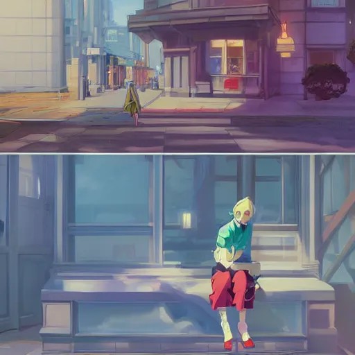 Image similar to Zelda and Link, anime, 4k, art style of Edward Hopper and James Gilleard, new realism,