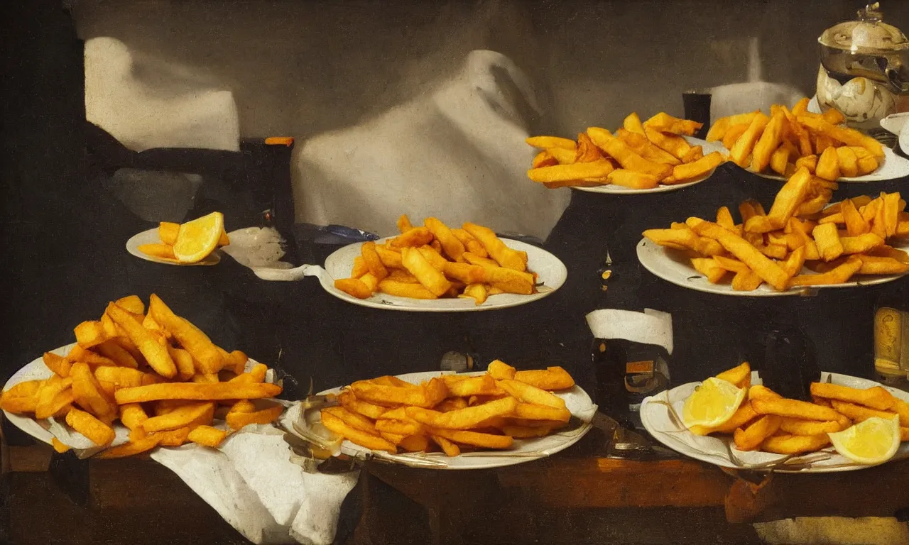 Prompt: a plate of Fish & Chips in the style of Johannes Vermeer, vivid colors, high details, cinematic, 8k resolution, beautiful detailed, photorealistic, digital painting, artstation, concept art, smooth, sharp focus, illustration, fantasy background, artstation trending, octane render, unreal engine