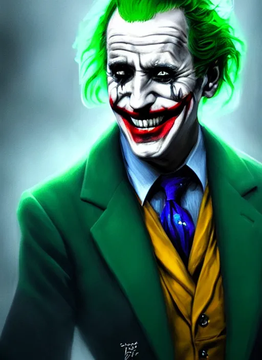 Image similar to portrait of joe biden as the joker, green hair, intricate, elegant, glowing lights, highly detailed, digital painting, artstation, concept art, sharp focus, illustration, art by wlop, mars ravelo and greg rutkowski