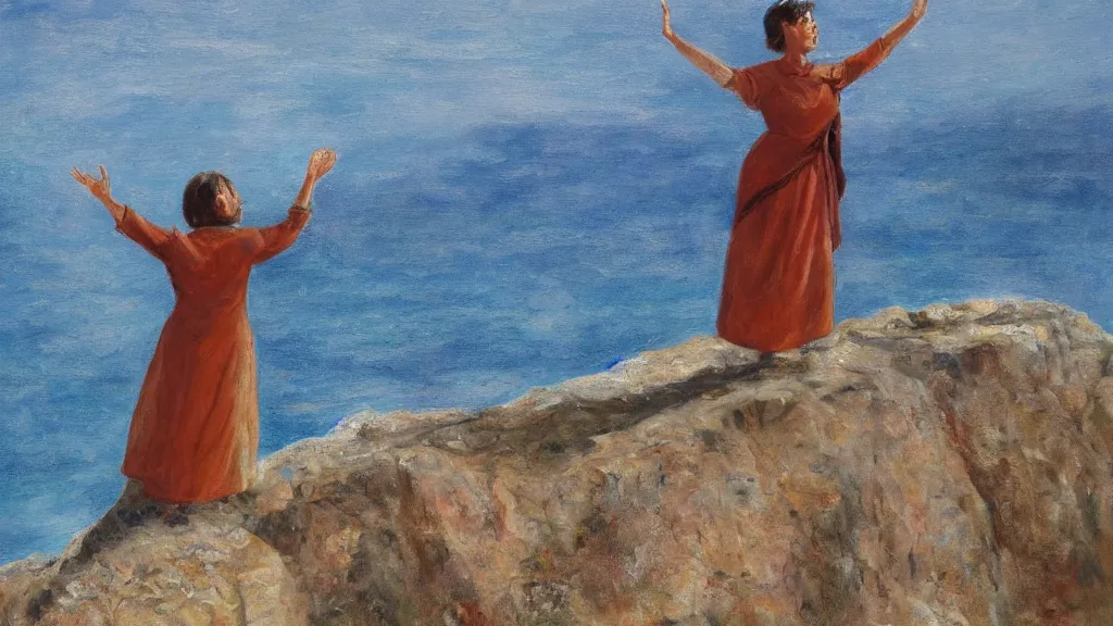 Prompt: adult woman standing on the cliff's end raising hand and praising at the sun, by guillermo lorca